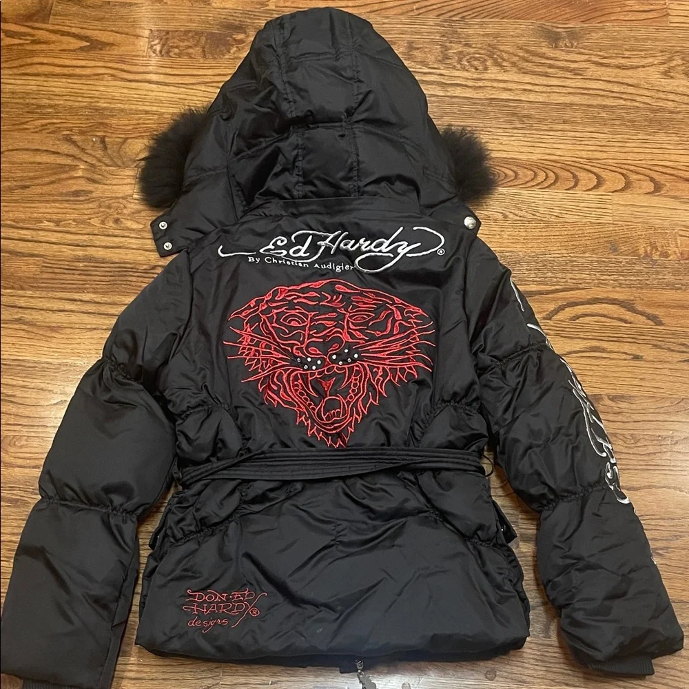 Limited edition Ed Hardy Christian Audigier puffer jacket with hood Adult Large - Picture 13 of 16